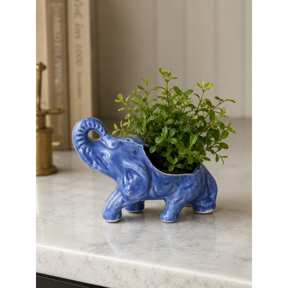 Vintage Blue Ceramic Elephant Planter Figurine Succulent Pot Trunk‎ Up Decor
